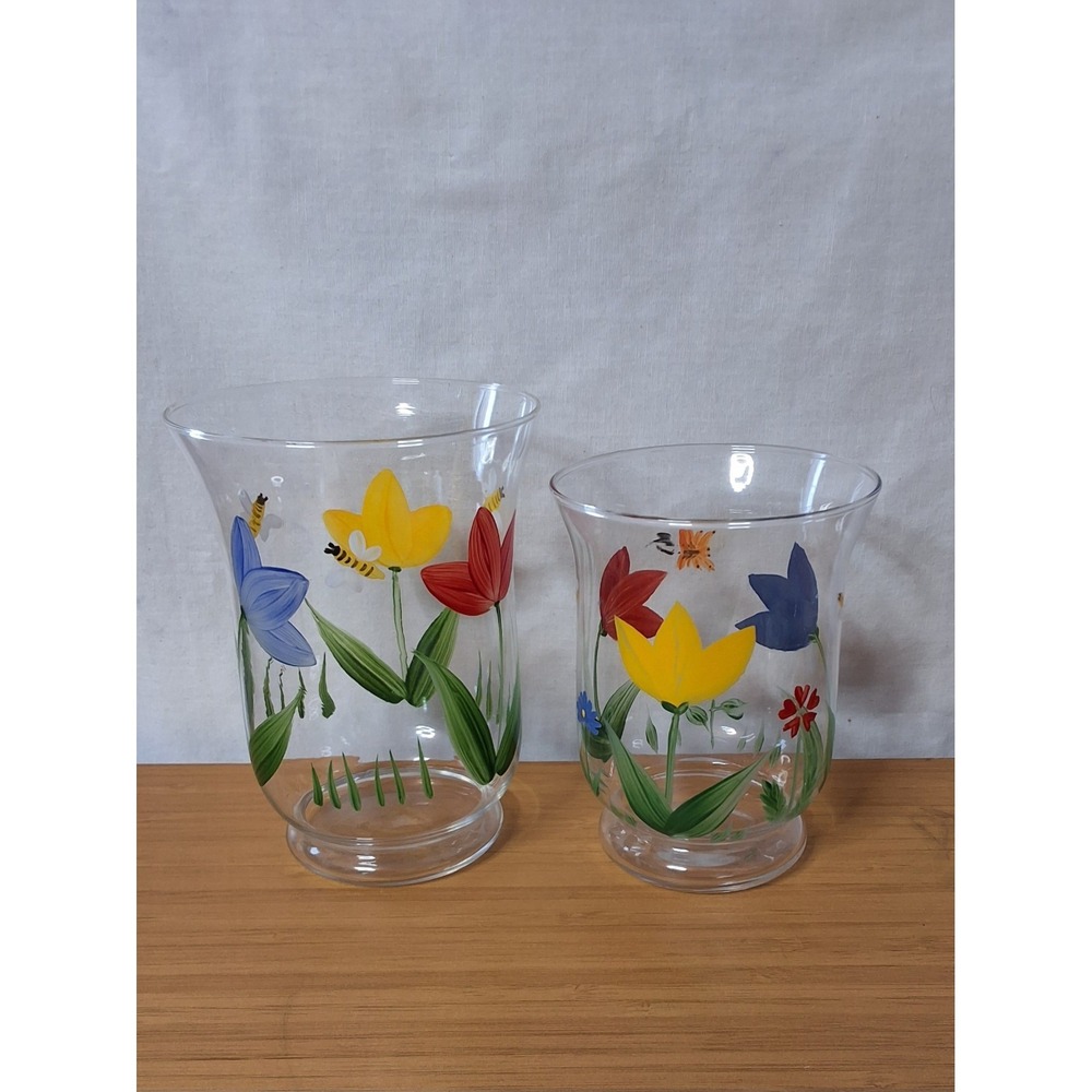Vintage Hallmark Hand-Painted Floral‎ Glass Hurricane Candle Holders Set of 2